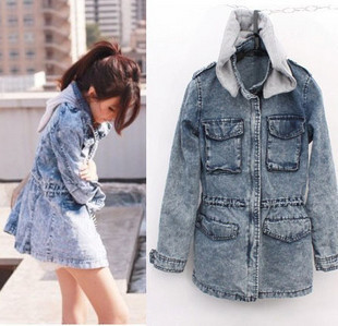 Free Shipping All-match long design with a hood bags denim outerwear long-sleeve with a hood medium-long trench a5556 LDX