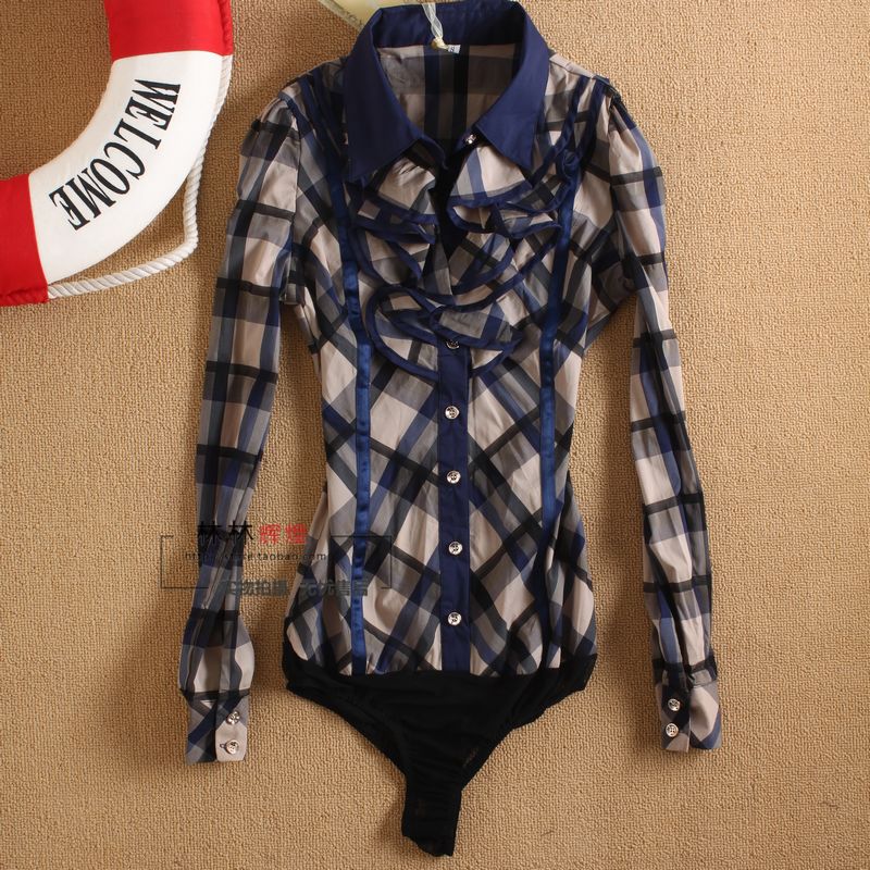 Free shipping! All-match roll plaid long-sleeve body shirt one piece body shirt one piece body shirt