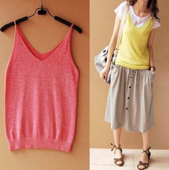 Free shipping All-match series solid color double V-neck liangsi knitted spaghetti strap vest multicolor