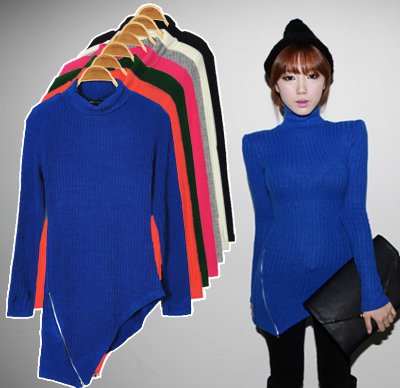 Free Shipping All-match zipper sweep solid color slim turtleneck shirt basic t-shirt multi-color sweater wholesale