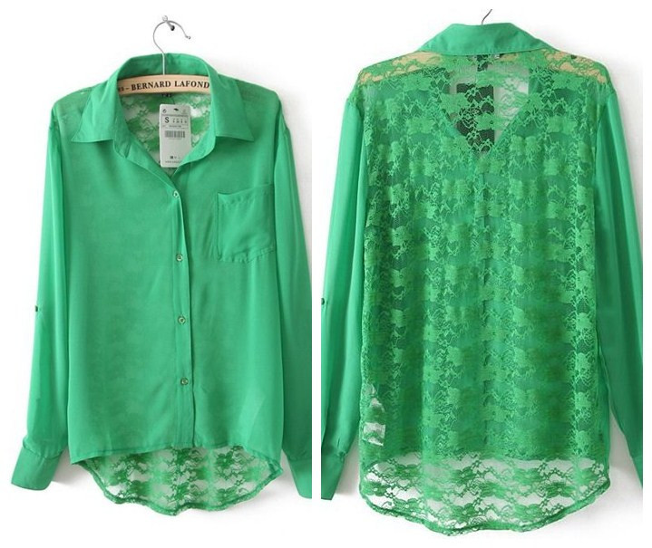 Free shipping American and European 12 women's sexy lace patchwork  long-sleeve female chiffon shirt 3colors S~L sizes