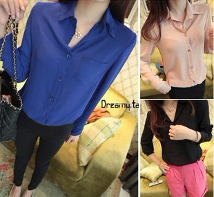 Free shipping, American and European 2012 sexy pocket slim women solid chiffon blouses/ shirts, 4 colors, F size