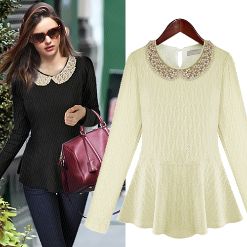 Free shipping,American and European style 2012 fashion pearl winter  waist basic shirt long-sleeve,ivory/black color,S~XL sizes