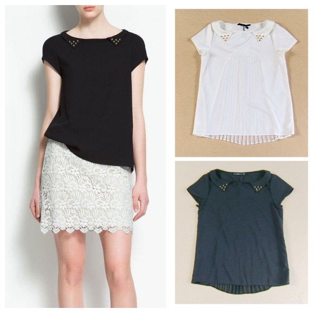 Free shipping American and European style 2012 new rivet collar women short sleeve chiffon Blouses black, white 2 color S, M, L