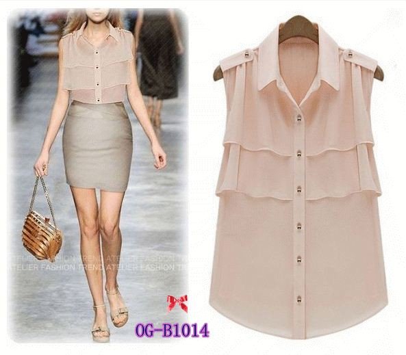 free shipping, American and European style 2012 new ruffles decoration women chiffon sleeveless Blouses,  2 color, S, M, L,XL
