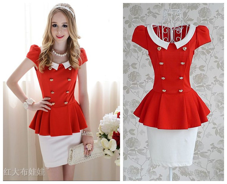 Free shipping American and European style 2012 Red and white mosaic double-breasted  women Short Sleeve Dress, S,M,L,size