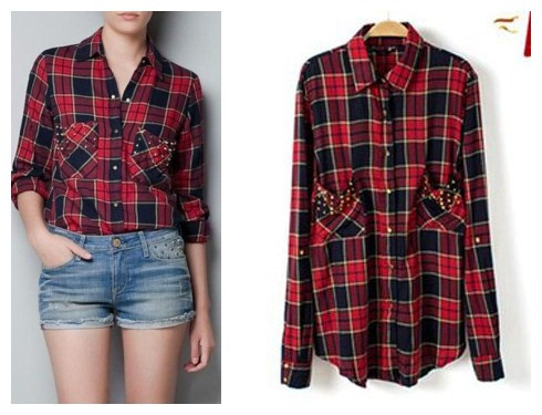 Free shipping, American and European  style 2012women's  long sleeve plaid pocket   Blouses 2 colors S~L sizes