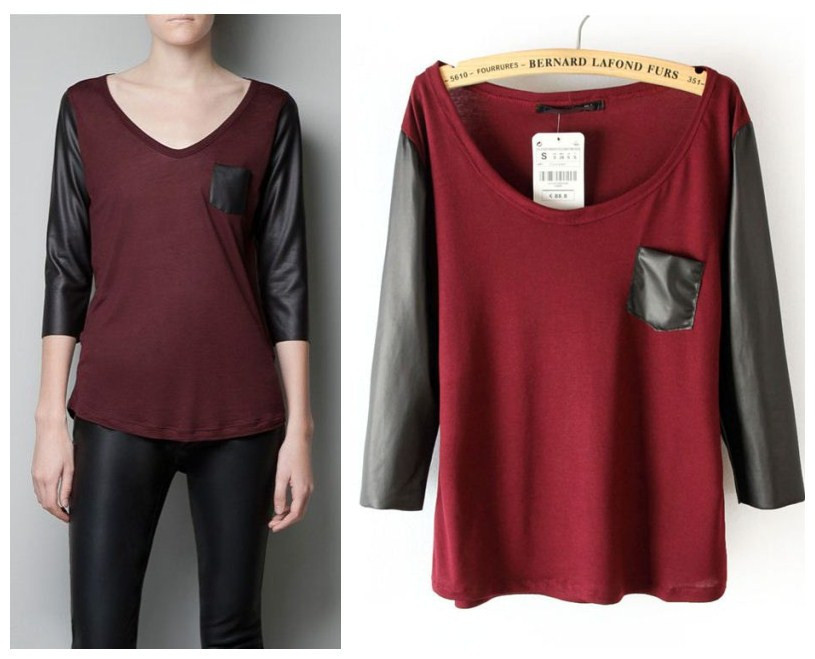 Free shipping American and European style 2013 autumn and winter women fashion leather pocket patchwork t-shirt  red  S M L