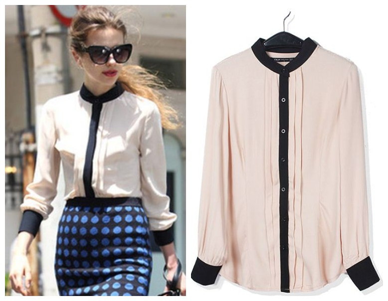 Free shipping, American and European  style 2013 women  black edge  Contrast color Front pleated decoration blouse 2colors S M L