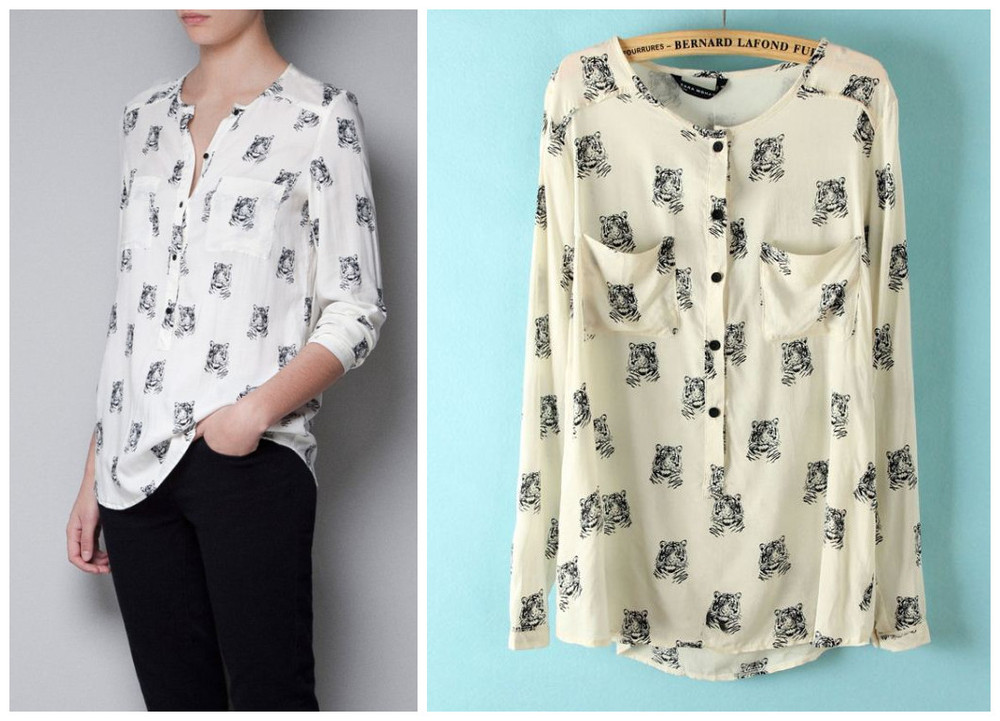 Free shipping American and European style 2013 women's fashion brief tiger print elegant stand collar chiffon shirt 1color XS~L