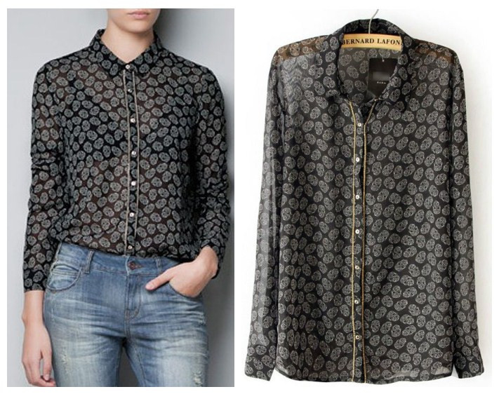 Free shipping, American and European style 2013 women's new style skull chiffon long-sleeve blouse picture color S M L sizes