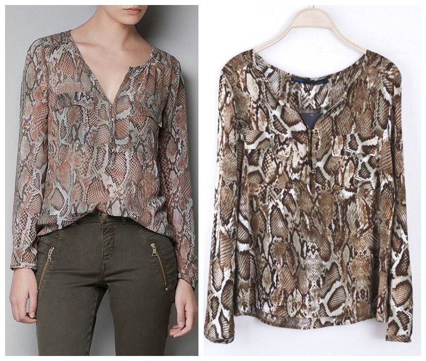 Free shipping American and European style 2013 women serpentine pattern pocket shirt  V-neck long-sleeve chiffon shirt  S M L