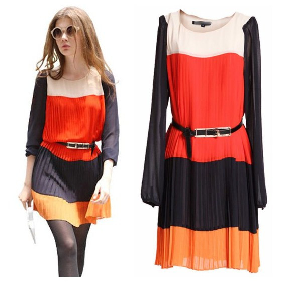 Free shipping American and European style 2013 women vintage color Patchwork o-neck long-sleeve dress 2colors S M L