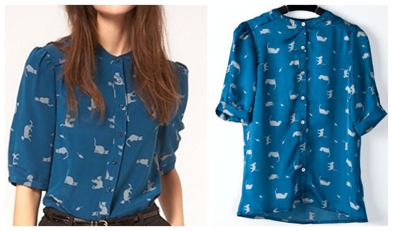 Free Shipping American and European Style12 Female kitten print crew neck short-sleeve chiffon shirt chiffon shirt  8,10,12 size