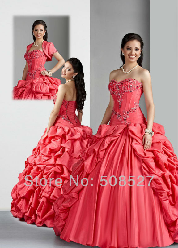 Free Shipping and Jacket Custom made Peach Satin Taffeta Embroidery Beading A-Line Quinceanera Dress Party Dress