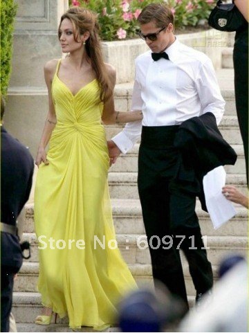 Free Shipping Angelina Jolie Fashion Spaghetti Strap Ruffle Yellow Chiffon Red Carpet Dress Celebrity Dress
