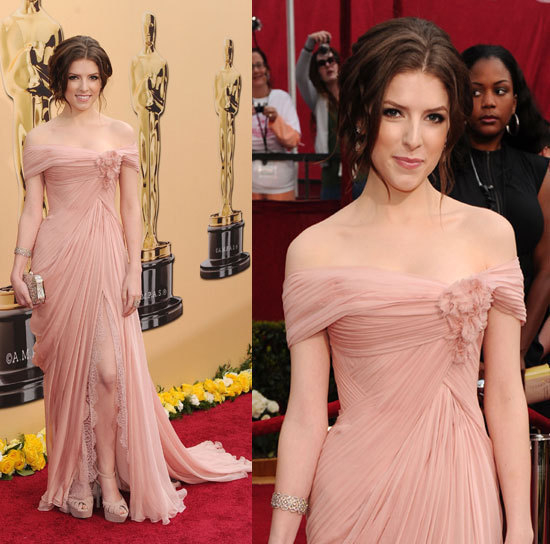 Free Shipping !!Anna Kendrick Gorgeous Pink Celebrity Dress Off The Shoulder A-line Split Long Prom Lace Chiffon Gown