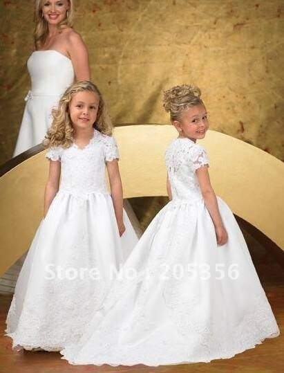 Free shipping appliques white or ivory color short sleeve ball gown flower girl dress
