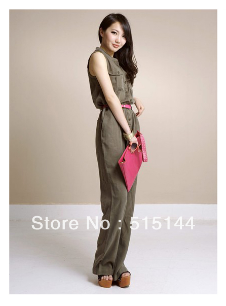 Free shipping Army green Pocket Open buckle Collar Wide leg Easy Siamese trousers MI90058