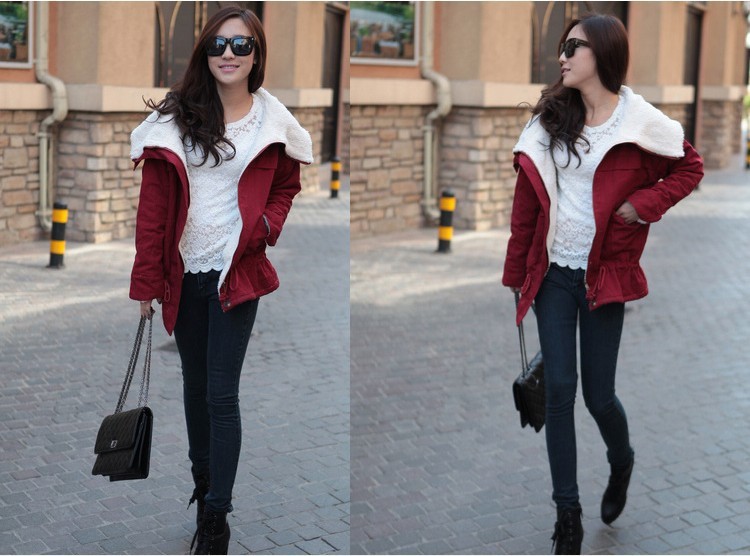 Free Shipping Army Green Red Women Fashion Thicken Long Sleeve Large Lapel Slim Cotton Blend Coat One Size S-M