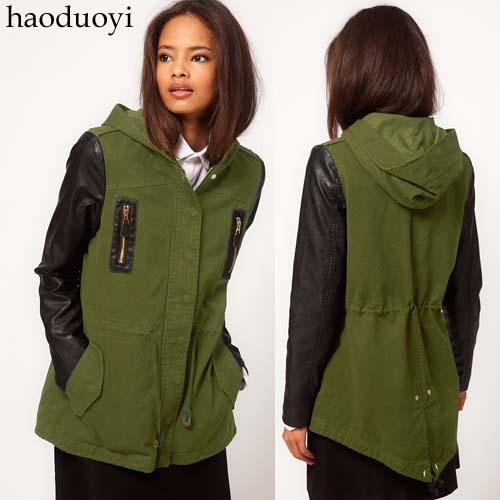 Free shipping+Army Green with a hood chapultepec overcoat black PU patchwork dovetail after slim waist trench 6 full