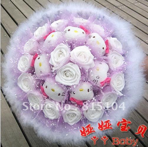 Free shipping artificial bouquet 18 gold pink rose 7 lovely kitty cartoon bouquet dried flowers  fake bouquet X579