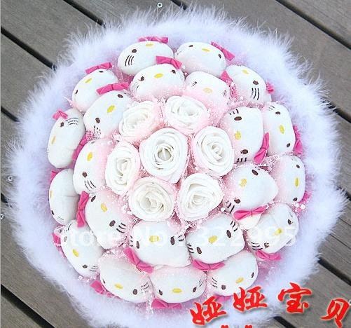 Free shipping artificial bouquet 21 love rabbit 7 golden pink rose cartoon bouquet dried flowers fashion Soft Toys Bouquets X625