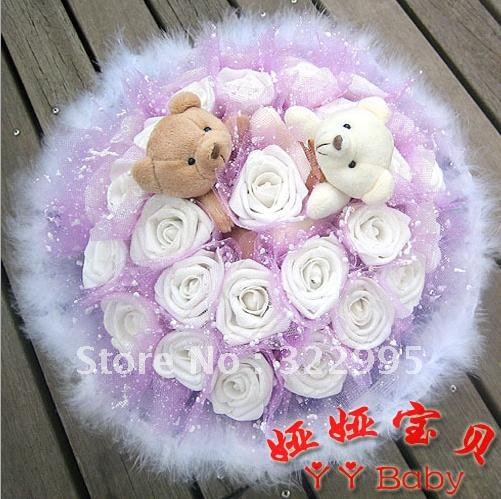 Free shipping artificial bouquet 30 golden rose of 2 couples tactic bear cartoon bouquet dried flowers Toys Bouquets X626