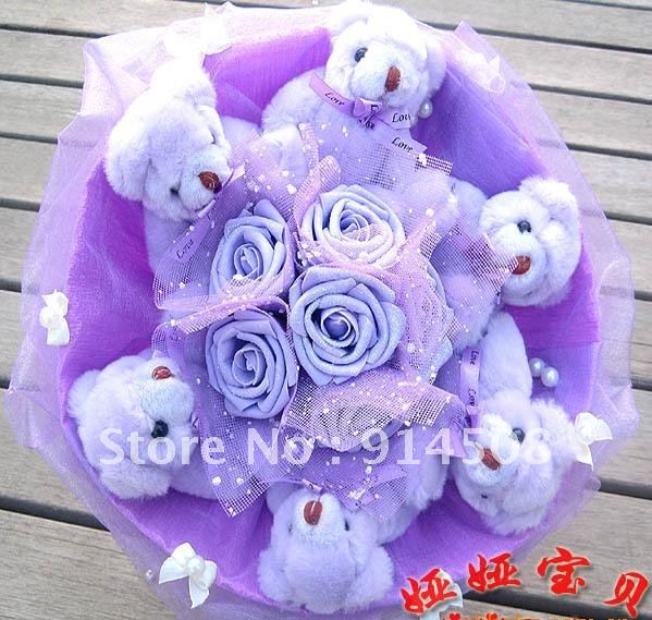 Free shipping artificial bouquet 6 Cute joint bears 6 golden pink rose cartoon bouquet dried flowers Christmas gift X640