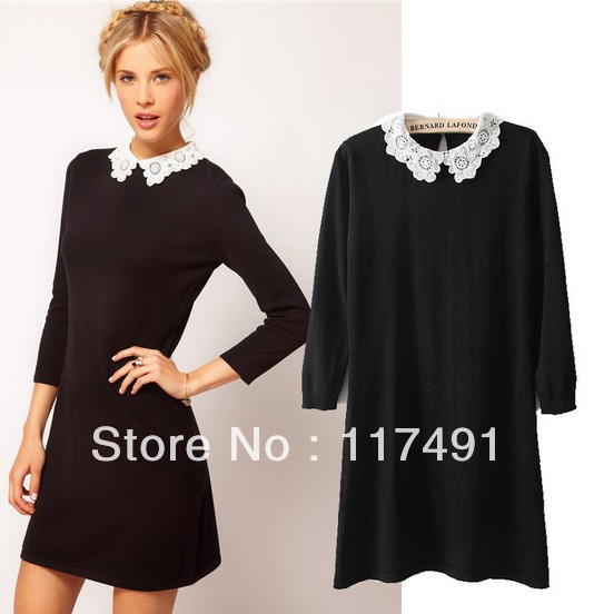 free shipping aso* 2013 spring new lady/woman The carved flowers lace collar hit color cotton dress OL hot/fashion/sweet ft155