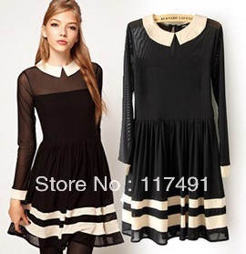 free shipping aso 2013 spring new women's/ladies'/female dress peter pan collar spliced long-sleeved designer OL elegant  ft084