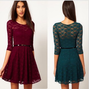Free shipping Asos 2013 spring half sleeve o-neck slim lace one-piece dress belt