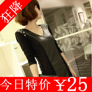 Free shipping ASYMMETRIC DIPPED HEM 2013 autumn and winter dress sexy V-neck slim hip leather skirt beading long-sleeve dress
