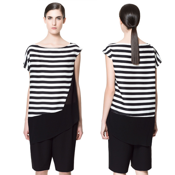 Free Shipping Asymmetrical black and white stripe patchwork black chiffon shirt female short-sleeve top irregular sweep