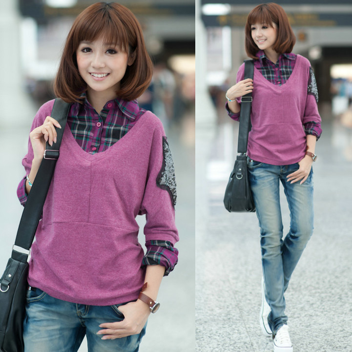 Free shipping Autumn 2012 patchwork juniors clothing women's loose faux two piece set long-sleeve sweater female