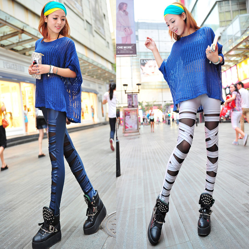 Free shipping autumn and spring hole gauze patchwork ankle length trousers cross straps legging