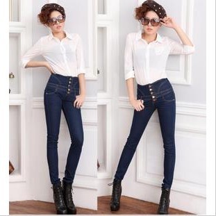 Free shipping Autumn and winter 2013 women's high waist slimming buttons style jeans pencil pants skinny pants