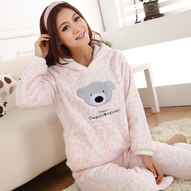 Free shipping Autumn and winter at home sleepwear coral fleece thickening Women cartoon bear with a hood lounge set