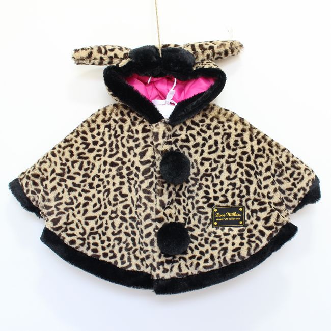 Free shipping Autumn and winter baby cloak female child leopard print fur rabbit ears thickening