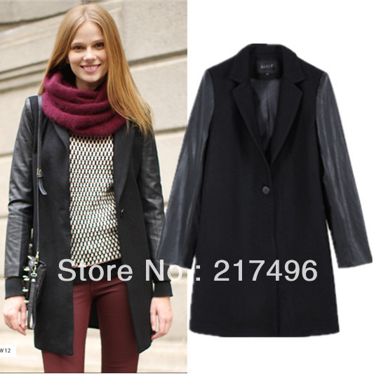 Free shipping Autumn and winter Black Faux Fur Leather sleeve patchwork  woollen overcoat long turn-down one button Fashion coat
