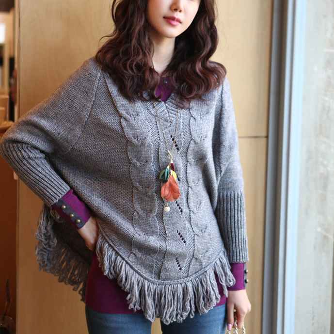 Free shipping Autumn and winter cloak outerwear gentlewomen elegant V-neck tassel cape sweater outerwear loose crotch sweater