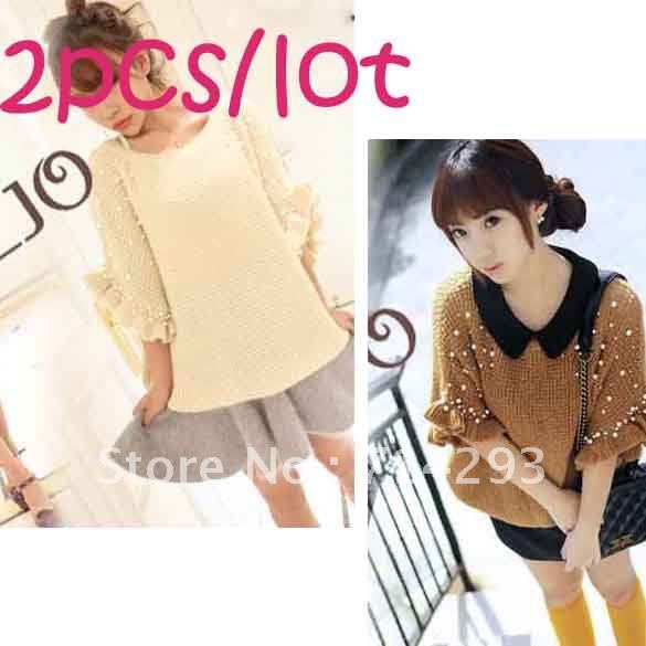 Free shipping autumn and winter elegant pearl beading short sleeve o-neck woolen Loose batwing sweater 8125