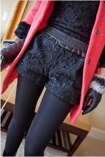 Free shipping autumn and winter Fashion Korean lace patchwork pants vintage high waist woolen women's shorts black gray