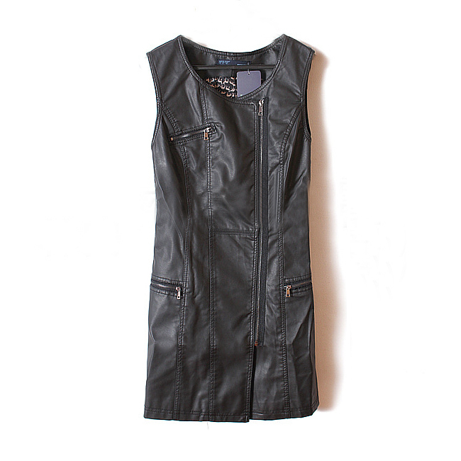 Free Shipping Autumn and winter fashion PU one-piece dress zipper slim hip leather skirt one-piece dress tank dress