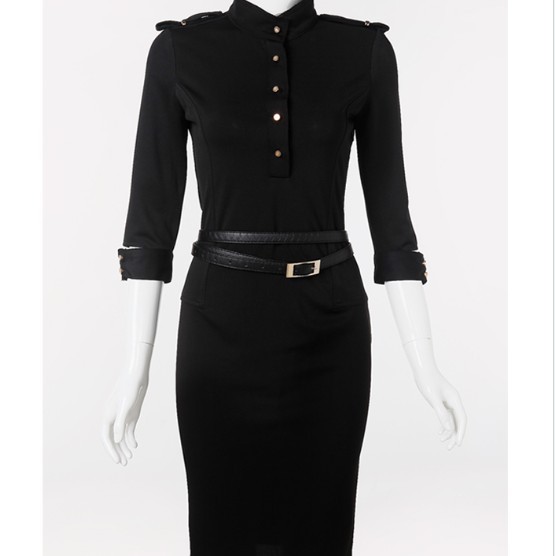 Free shipping, autumn and winter fashion slim waist black long dress one-piece dress