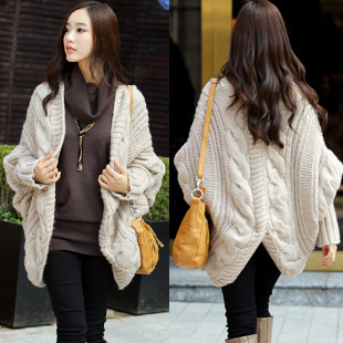 Free  shipping, Autumn and winter female medium-long loose sweater outerwear long-sleeve twisted thick yarn cardigan cape