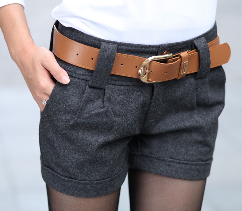 Free shipping autumn and winter Korean Fashion all-match woolen roll-up hem women's shorts boot cut jeans with belt /2 color