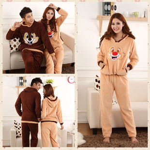 Free Shipping ! Autumn and winter lovers sleepwear plus size lounge set long-sleeve cartoon thickening coral fleece sleepwear