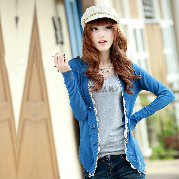 Free shipping Autumn and winter new arrival casual fashion long-sleeve lace epaulette cardigan sweater coat