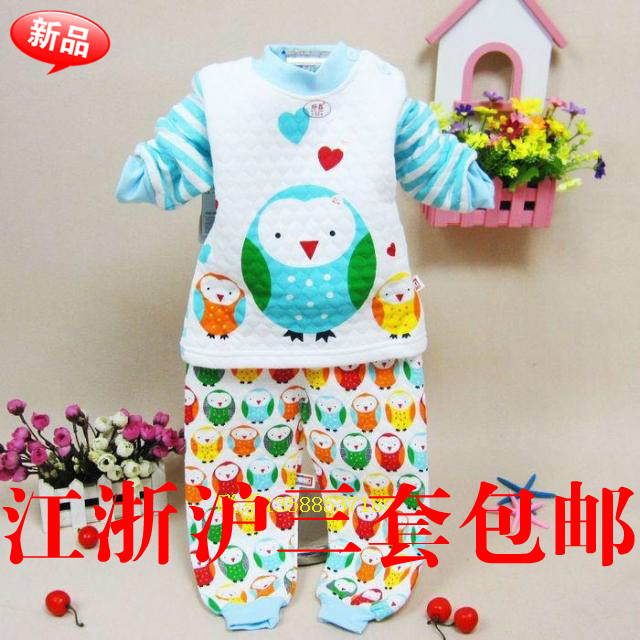 free shipping Autumn and winter o-neck child baby underwear baby button thermal thickening set 1 - 3 years old 3876